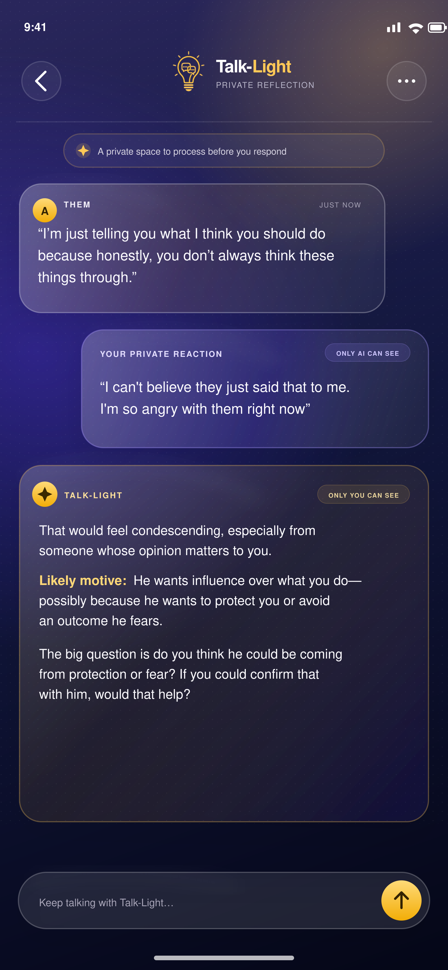 Talk-Light privately analyzes a difficult message, the user’s private reaction, and a supportive AI response.